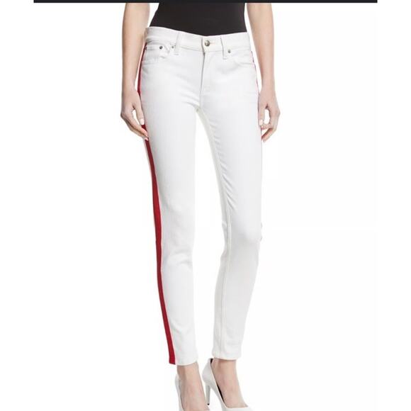 Polo Ralph Lauren The Tompkins Skinny White Jeans Tuxedo Red Stripe Size 27 - Picture 1 of 10